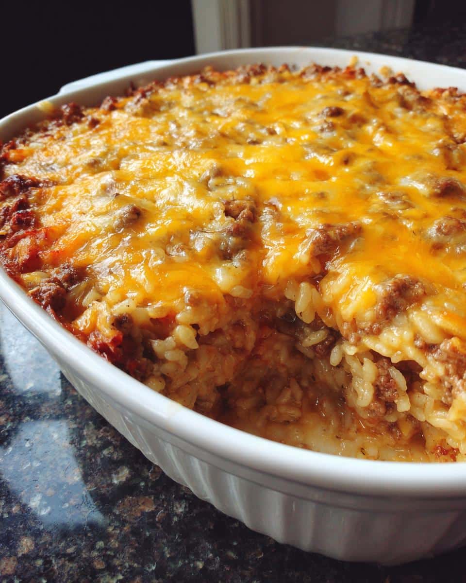 A close-up shot of a white baking dish filled with bubbling Cheesy Hamburger Rice Casserole, topped with melted cheddar cheese.