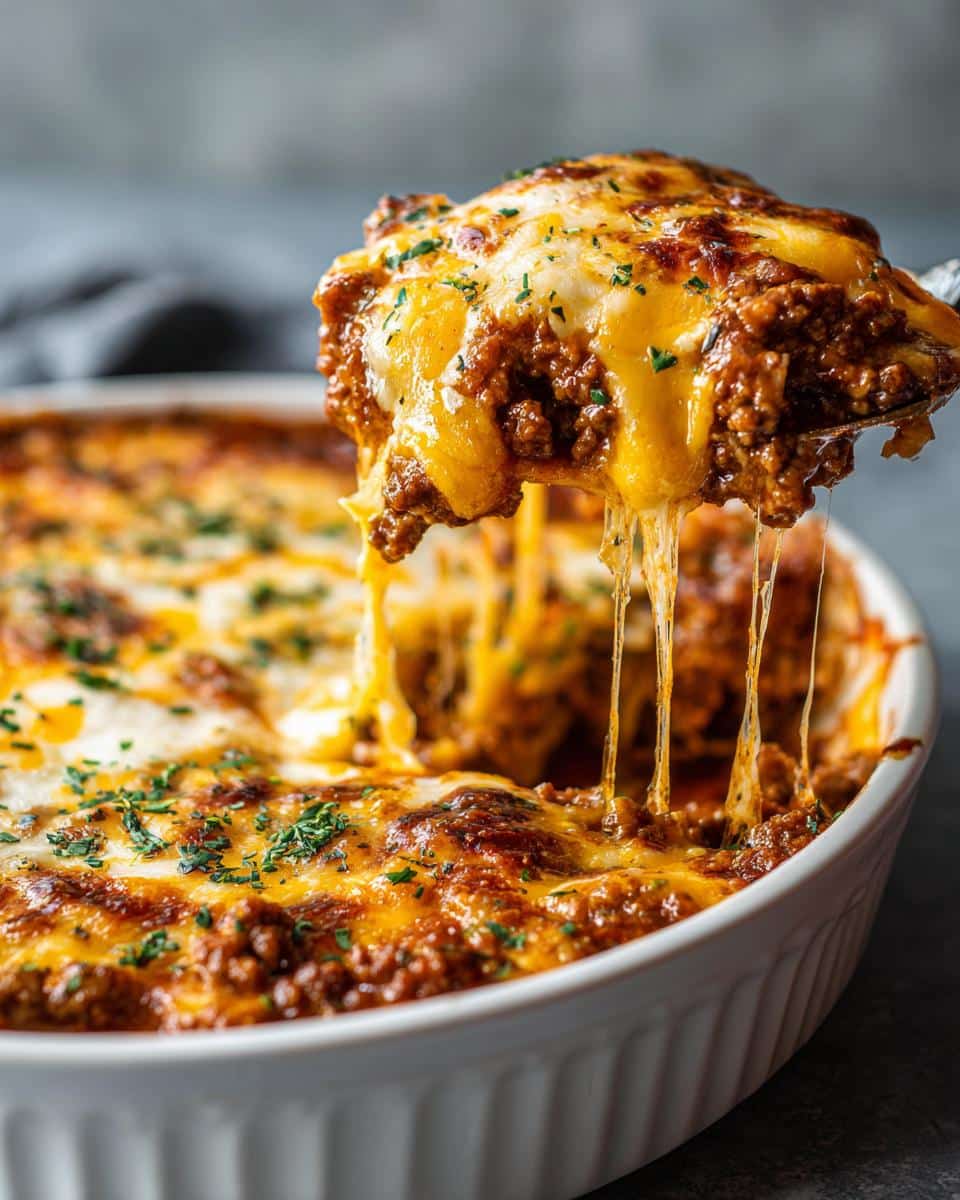 A spoonful of a cheesy, saucy family dinner casserole being lifted from a baking dish, with melted cheese stretching.