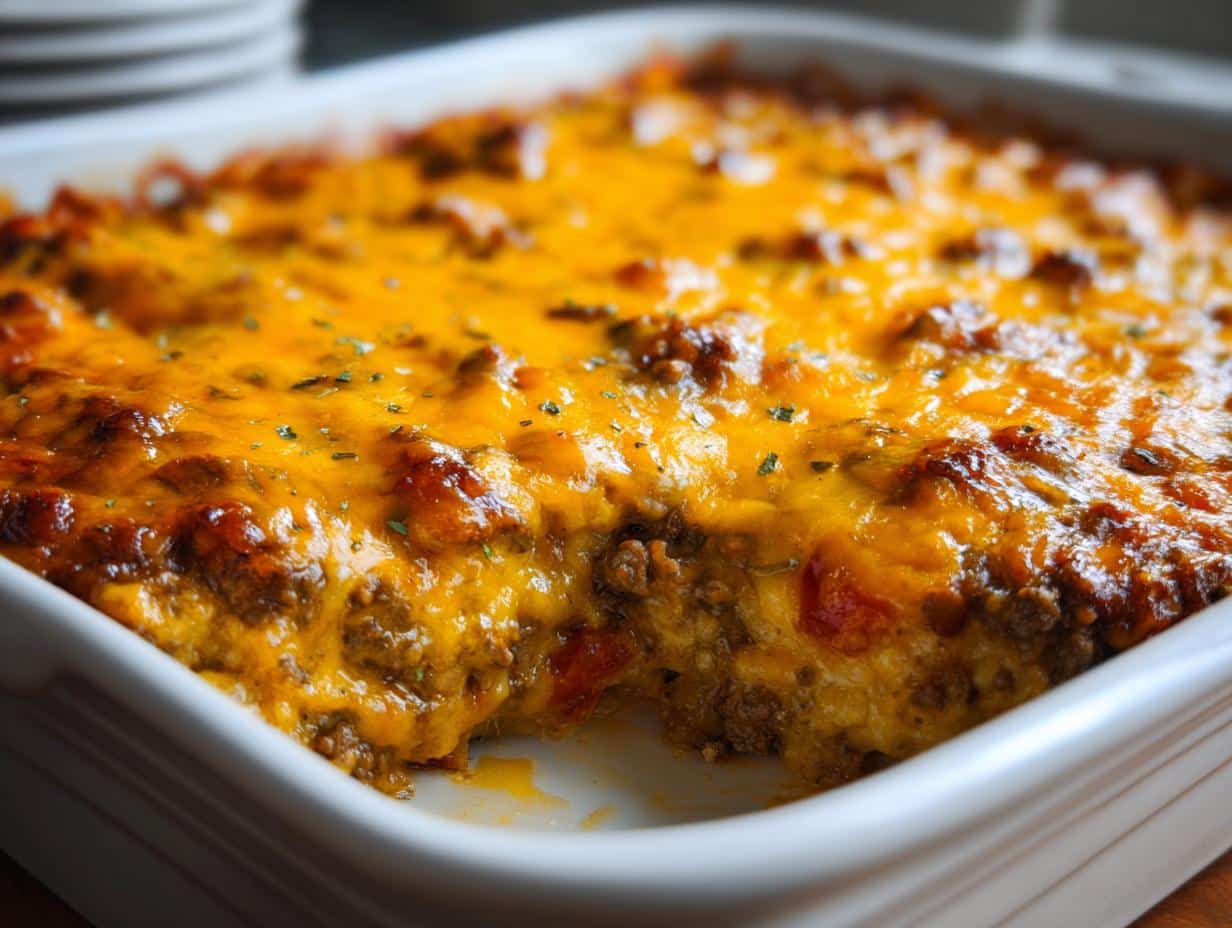 Close-up of a bubbling, cheesy saucy family dinner casserole with ground meat and a golden-brown crust, fresh from the oven.