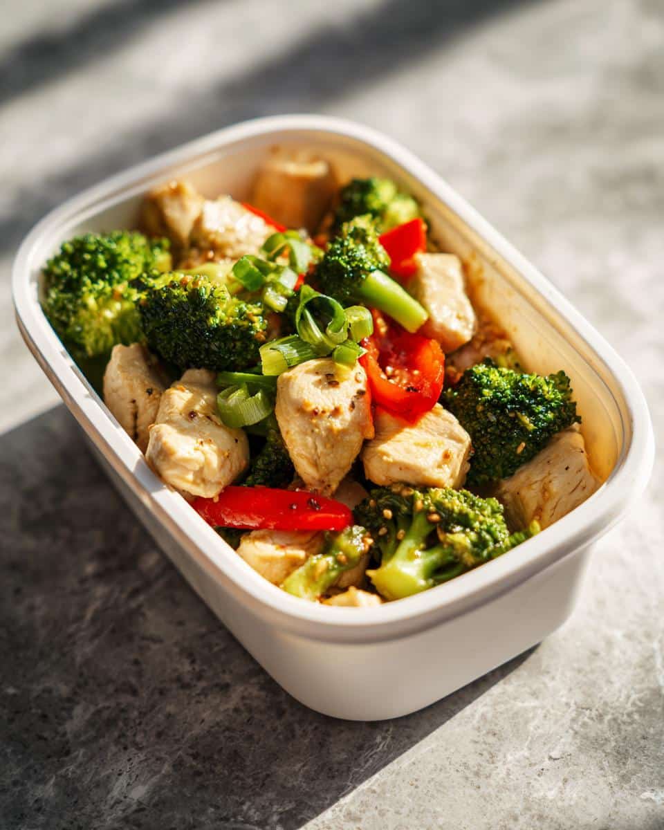 A white lunchbox filled with Easy Low Carb High Protein Meals, featuring chicken pieces, broccoli, red bell pepper, and green onions.