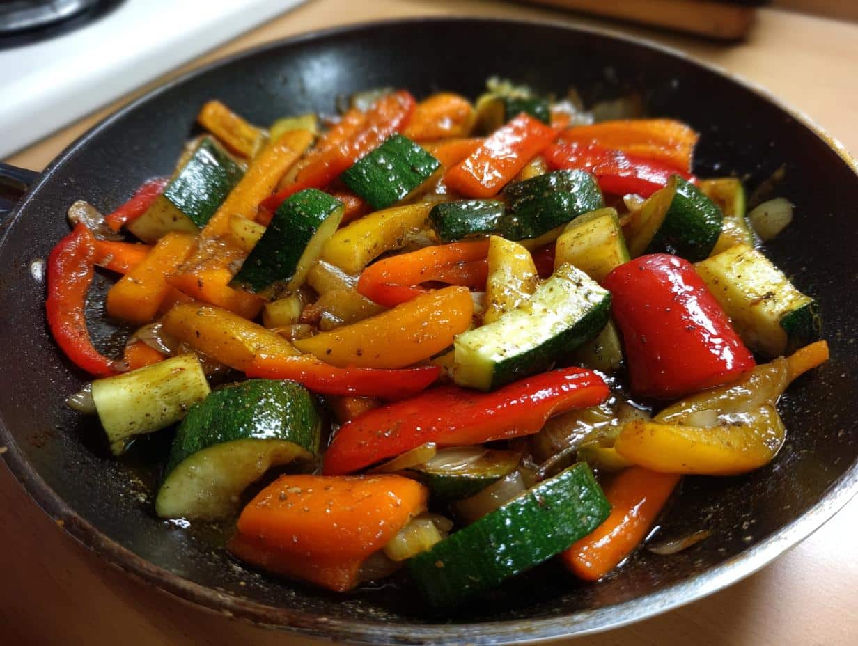 Close-up of vibrant mixed vegetables, including zucchini, bell peppers, and carrots, cooking in a skillet. Skillet Side Dishes for Any Meal-Quick and Easy Recipes.