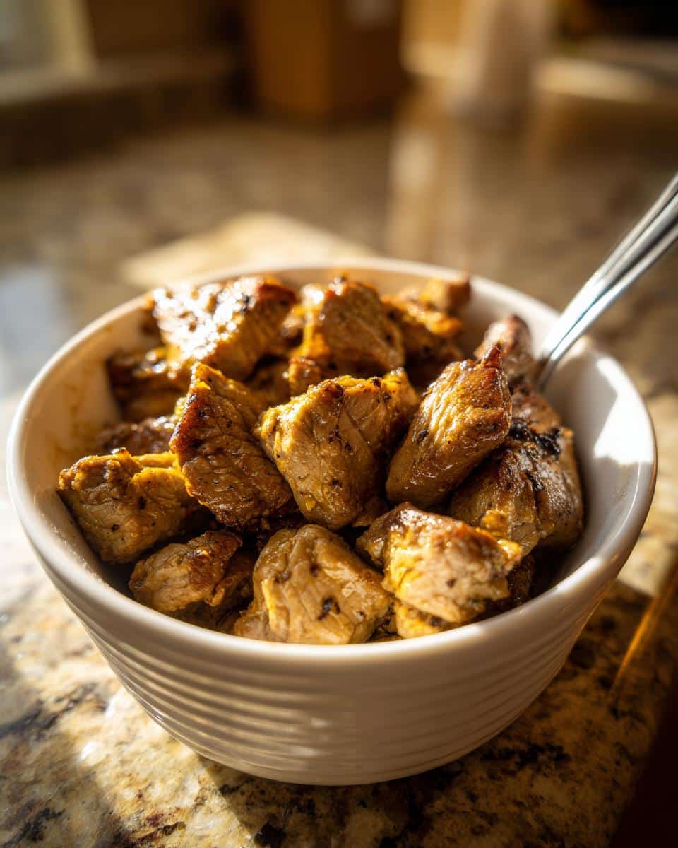 Close-up of a white bowl filled with perfectly cooked and seasoned ground turkey pieces, ready for a meal prep.