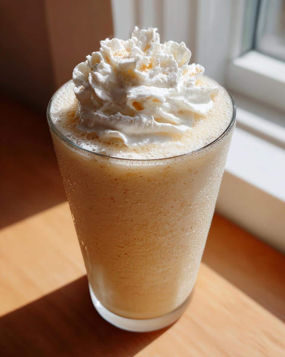 A tall glass of a creamy Copycat Starbucks Vanilla bean frappe topped with a generous swirl of whipped cream and a sprinkle of golden dust.