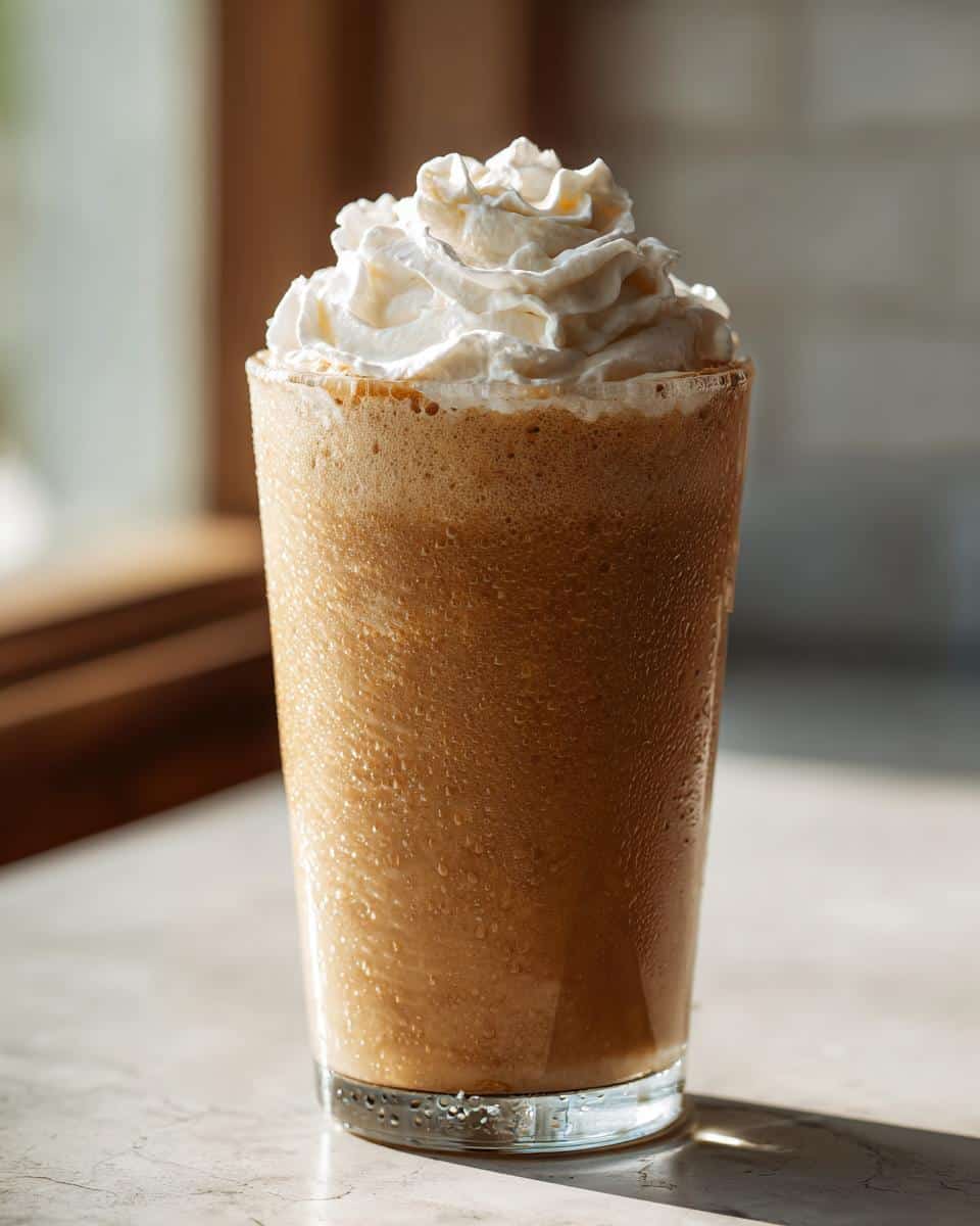 A tall glass of a refreshing Copycat Starbucks Vanilla bean frappe topped with whipped cream, condensation on the glass.