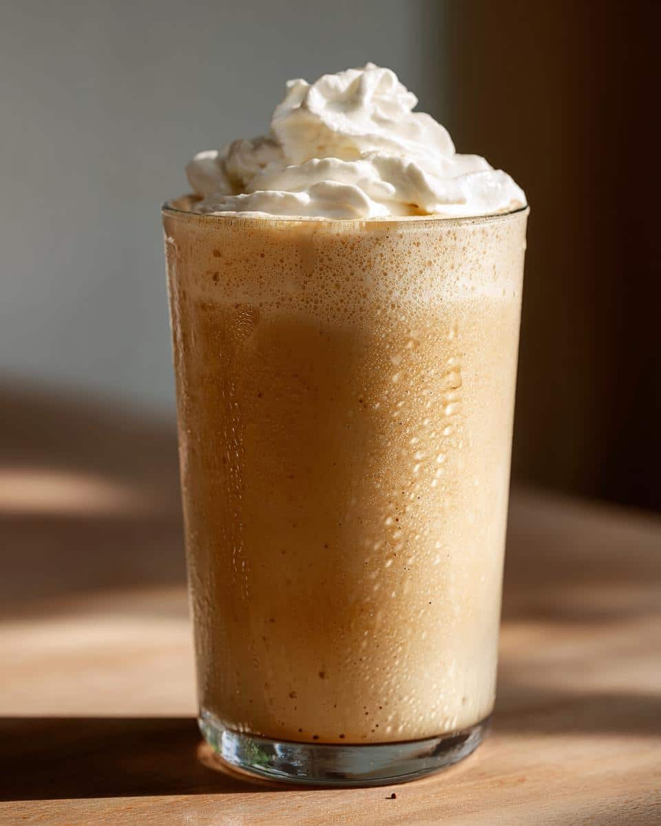 A tall glass of a creamy Copycat Starbucks Vanilla bean frappe topped with fluffy whipped cream, sitting on a wooden surface.