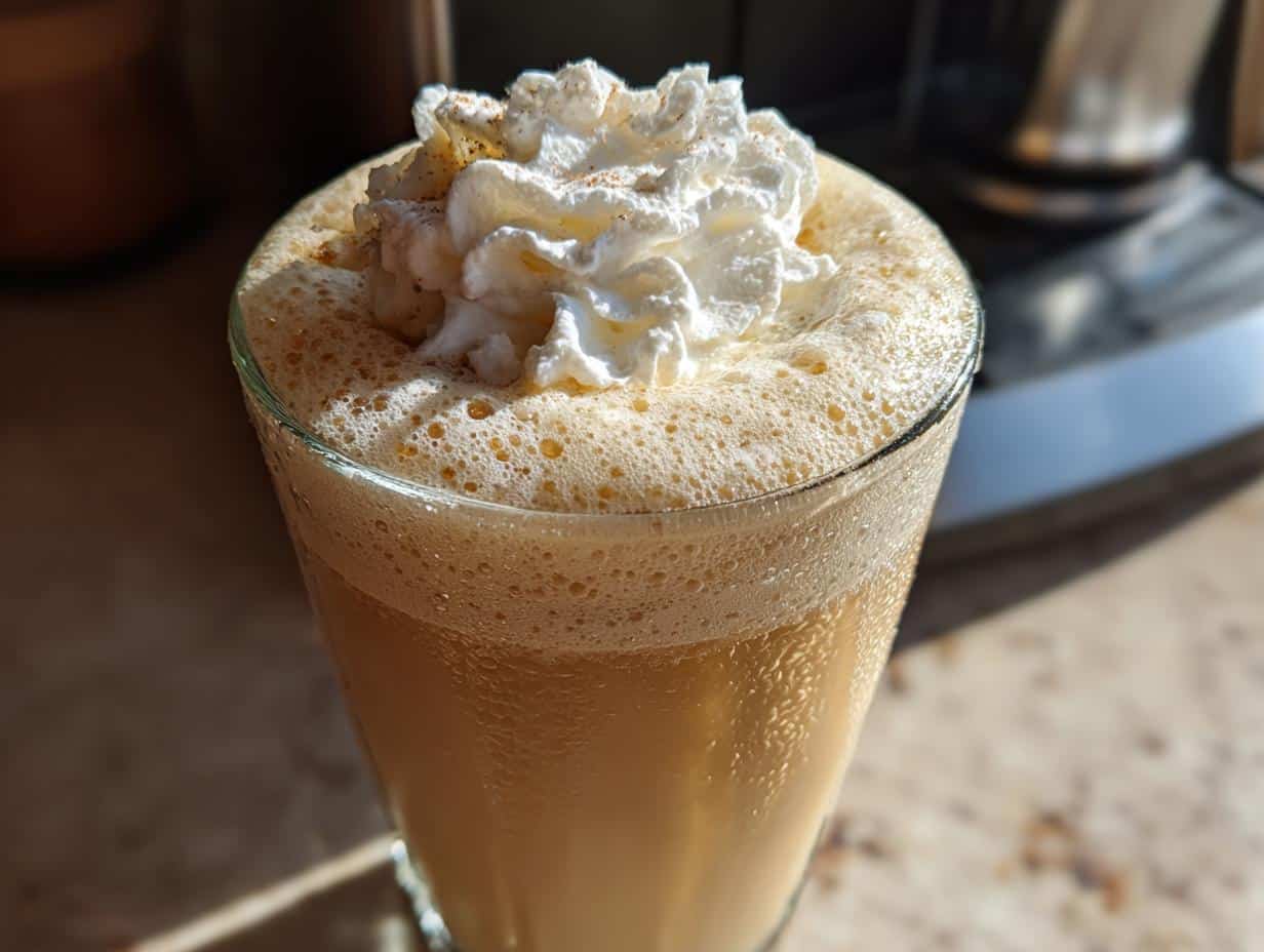 Close-up of a refreshing Copycat Starbucks Vanilla bean frappe topped with fluffy whipped cream and a sprinkle of cinnamon.