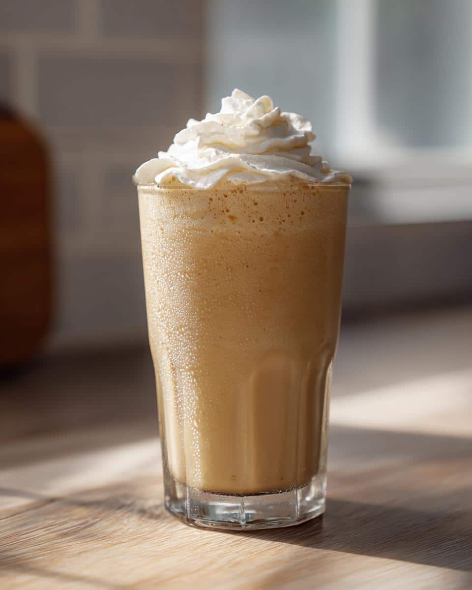 A tall glass of a homemade Copycat Starbucks Vanilla bean frappe, topped with a generous swirl of whipped cream, sitting on a wooden surface.
