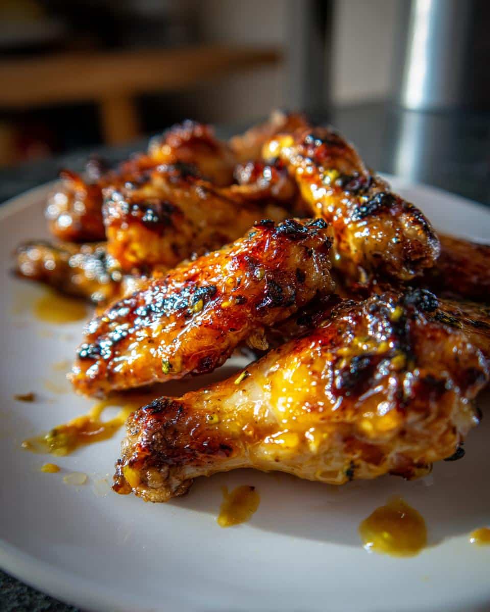 A close-up of a plate piled high with golden-brown, glistening Cowboy Butter Chicken Wings, showing the rich glaze and crispy skin.