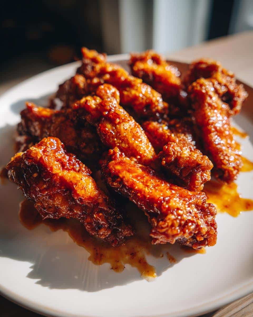 A close-up of a plate piled high with glistening, saucy Cowboy Butter Chicken Wings, ready for dinner.