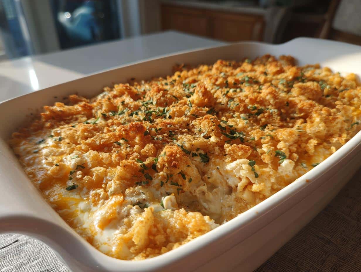 A close-up of a freshly baked Crack Chicken Casserole in a white rectangular baking dish, topped with golden breadcrumbs and herbs.