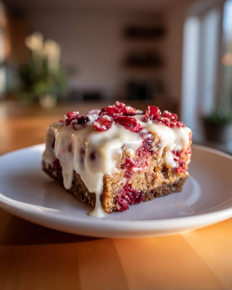 A close-up of a single Cranberry Bliss Bar slice on a white plate, topped with white icing and dried cranberries.