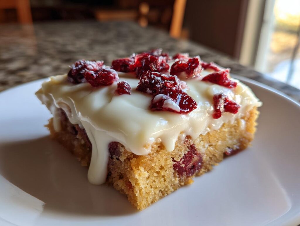 A close-up shot of a single square of Cranberry Bliss Bars with white icing and dried cranberries on top.