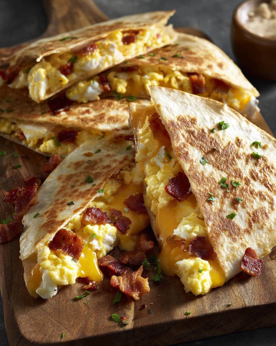 Several Creamy Bacon Egg Cheese Breakfast Quesadillas cut in half, revealing scrambled eggs, melted cheese, and crispy bacon.