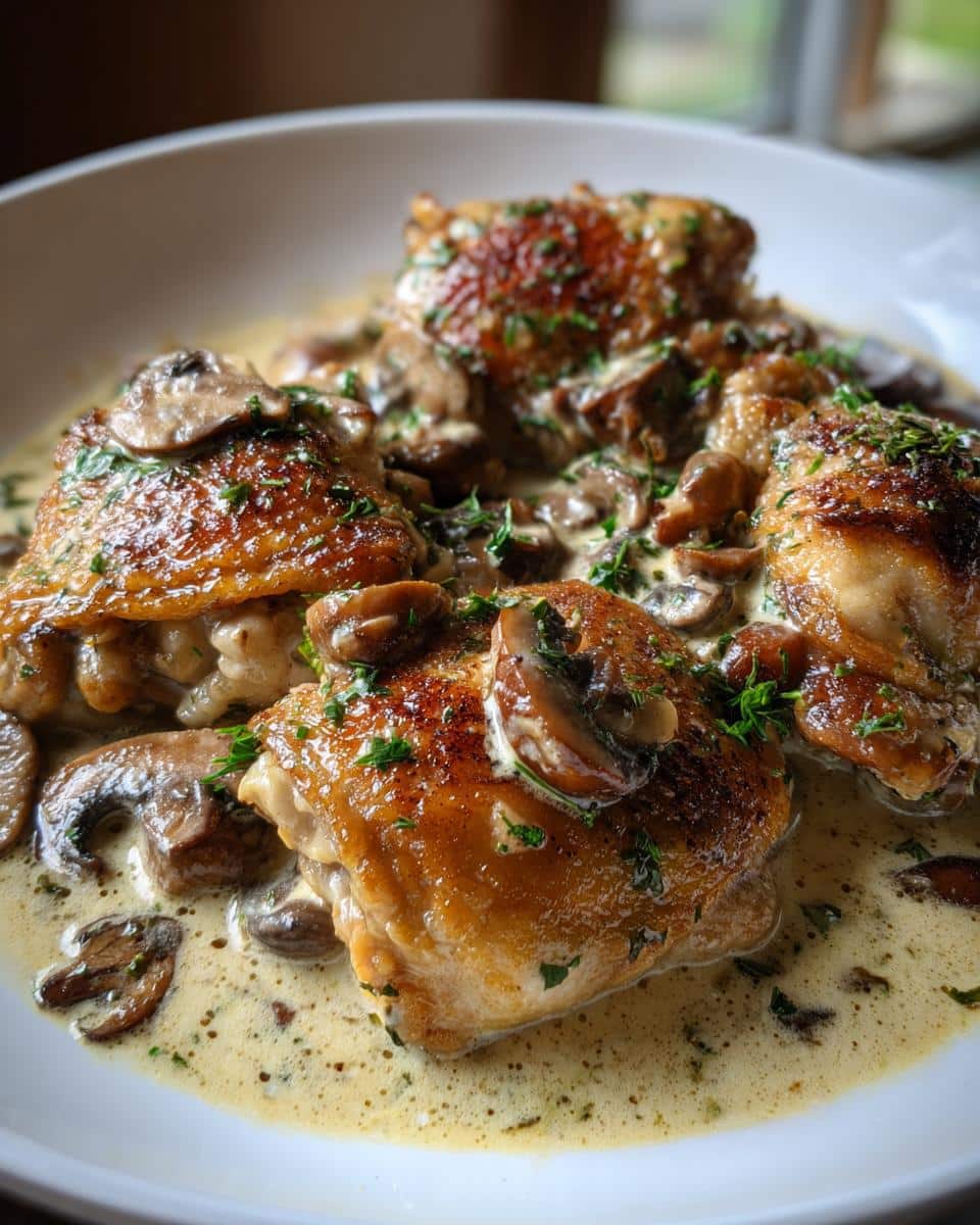 A close-up of golden-brown Creamy Chicken Thighs in a rich, creamy mushroom garlic sauce, garnished with fresh parsley.