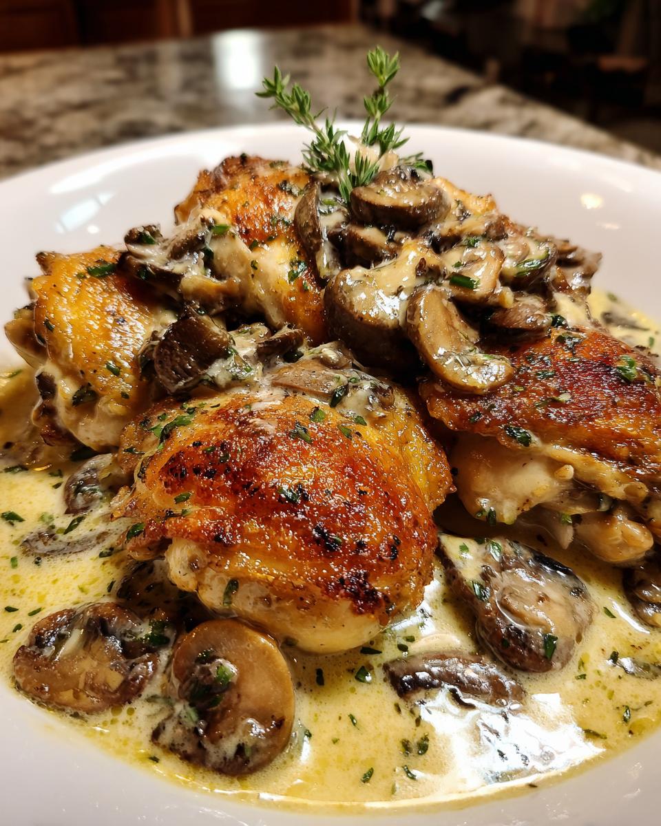 Close-up of golden brown Creamy Chicken Thighs covered in a rich, creamy mushroom garlic sauce, garnished with fresh herbs.