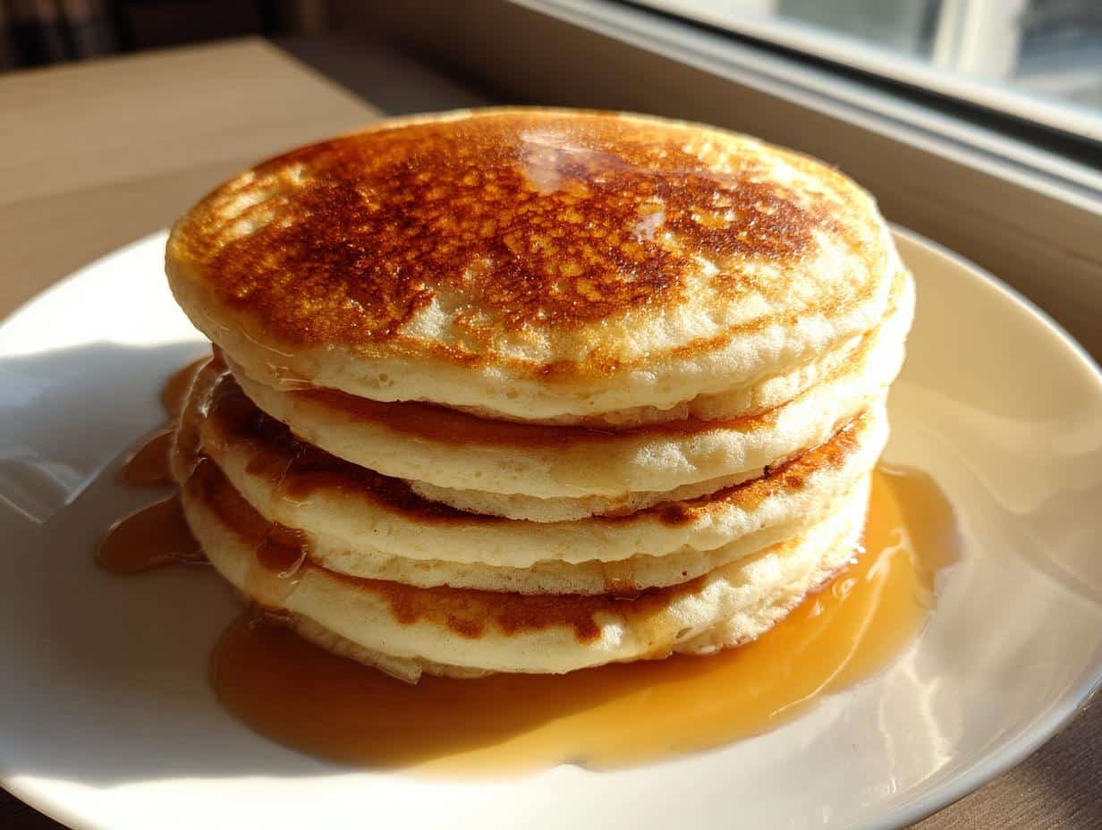 A tall stack of golden brown Creamy Fluffy Homemade Pancakes drizzled with maple syrup on a white plate, bathed in natural light.