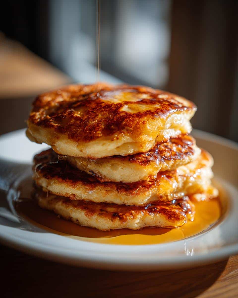 A close-up of a stack of golden brown Creamy Fluffy Homemade Pancakes with maple syrup being poured over them.