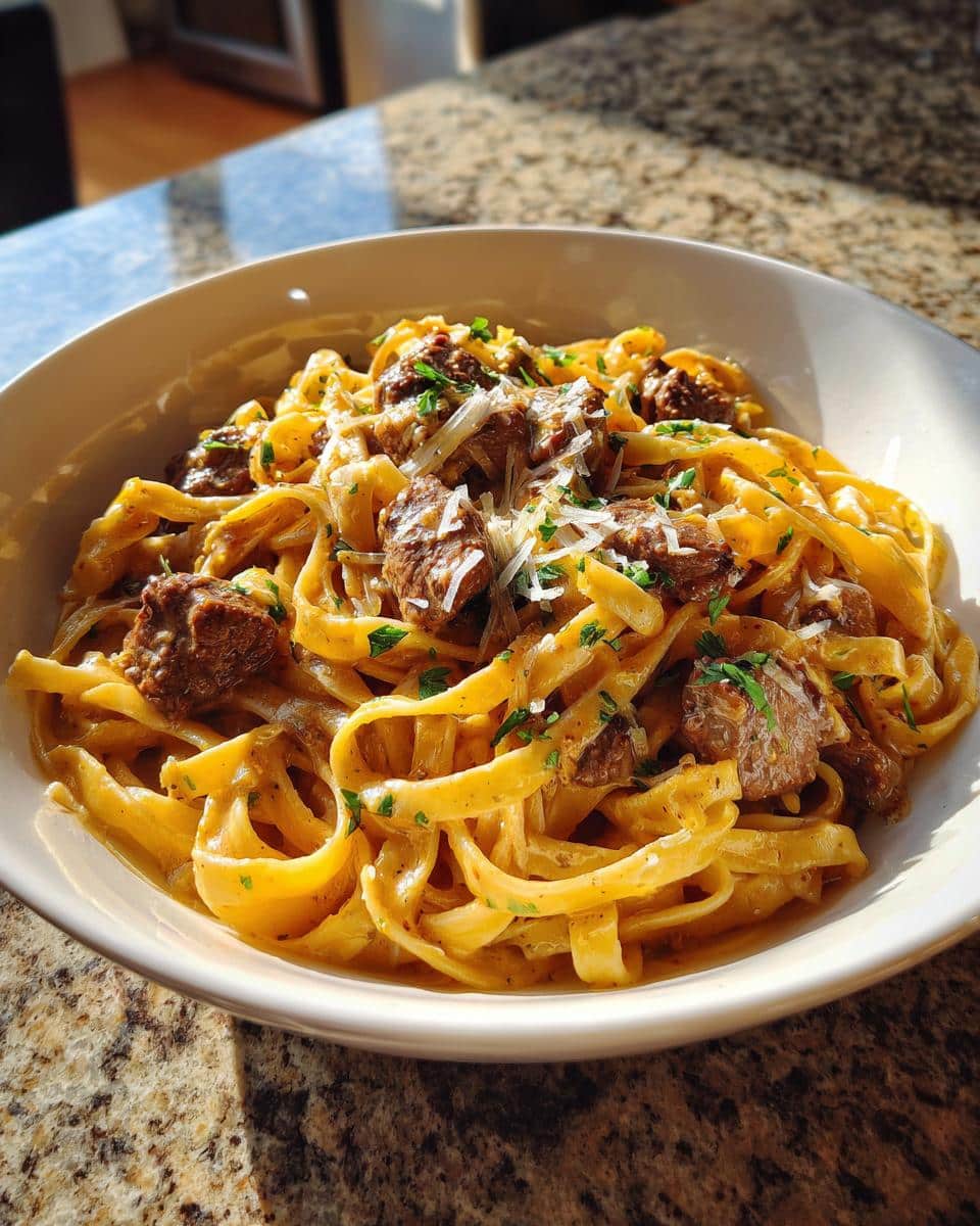 A close-up of a white bowl filled with Creamy Garlic Beef Pasta, garnished with parsley and grated cheese.