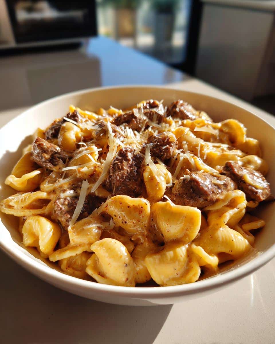 Close-up of a white bowl filled with Creamy Garlic Beef Pasta, topped with shredded Parmesan cheese.