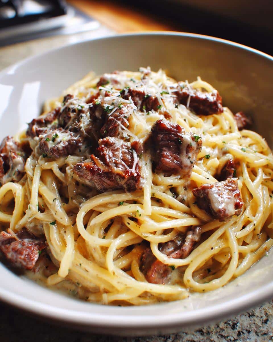 Close-up of a bowl of Creamy Garlic Beef Pasta Recipe, topped with shredded cheese and herbs.