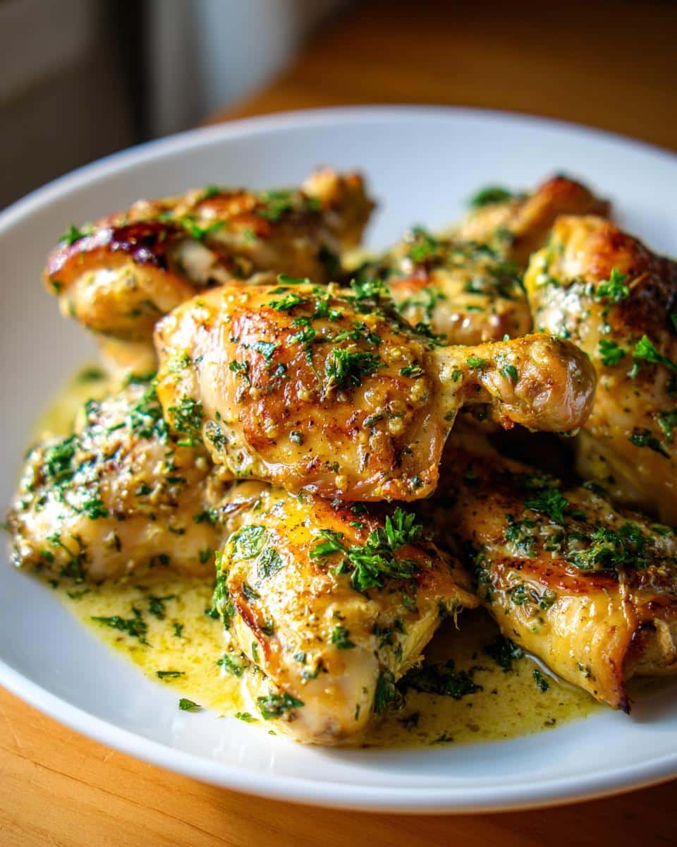 A close-up of a white plate filled with golden-brown Creamy Garlic Butter Baked Chicken Breast, garnished with fresh parsley.
