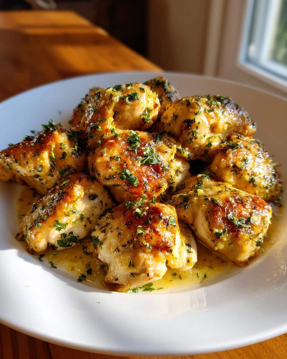 A close-up of a white plate filled with golden-brown pieces of Creamy Garlic Butter Baked Chicken Breast, garnished with fresh parsley.