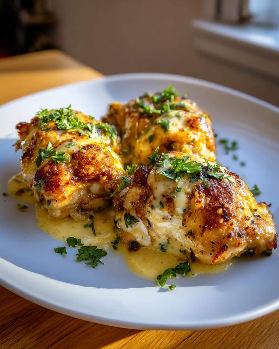 Three pieces of golden brown Creamy Garlic Butter Baked Chicken Breast on a white plate, garnished with fresh parsley and a rich sauce.