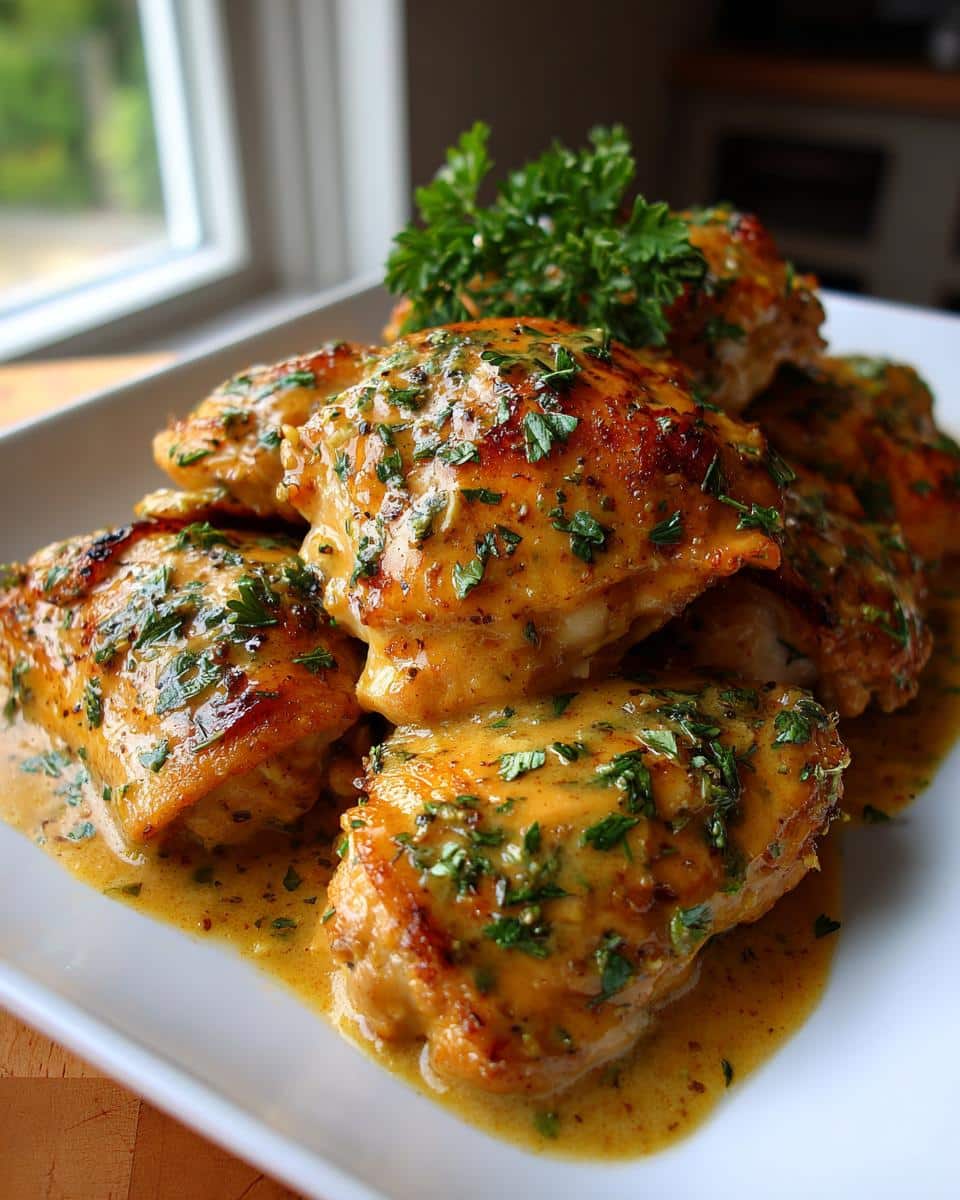 A white platter filled with golden-brown Creamy Garlic Butter Baked Chicken Breast, garnished with fresh parsley.