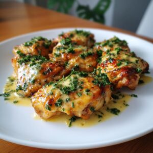 A white plate filled with golden-brown Creamy Garlic Butter Baked Chicken Breast, generously topped with creamy sauce and fresh parsley.