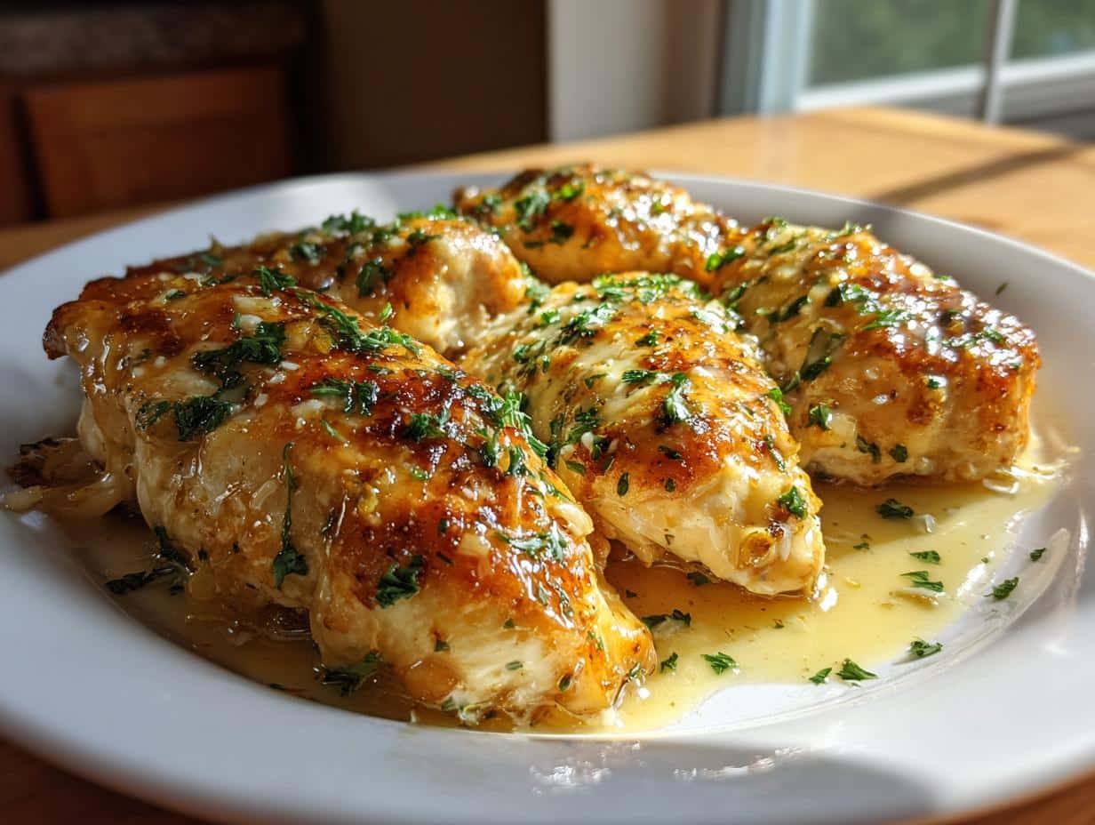 A close-up of beautifully golden and juicy Creamy Garlic Butter Baked Chicken Breast garnished with fresh parsley on a white plate.