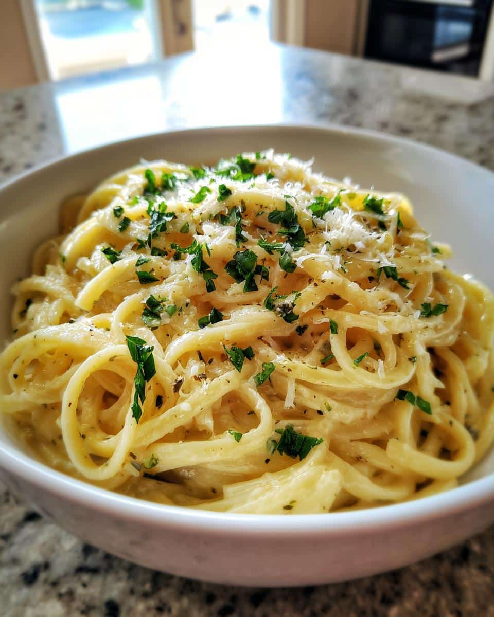 Irresistible 15-Min Creamy Garlic Butter Pasta Recipe 2 Close-up of a bowl of Creamy Garlic Butter Pasta, topped with fresh parsley and grated cheese.