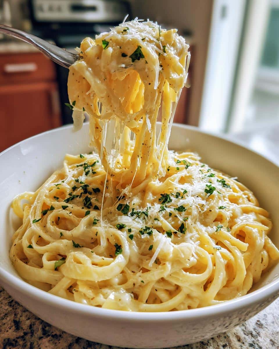 Irresistible 15-Min Creamy Garlic Butter Pasta Recipe 4 A fork lifting a generous portion of Creamy Garlic Butter Pasta from a white bowl, showing a delicious cheese pull.