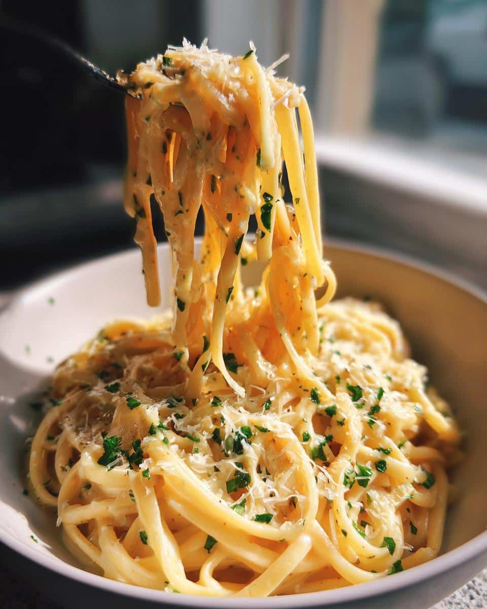 Irresistible 15-Min Creamy Garlic Butter Pasta Recipe 3 A fork lifting a generous swirl of Creamy Garlic Butter Pasta, topped with grated cheese and fresh parsley.