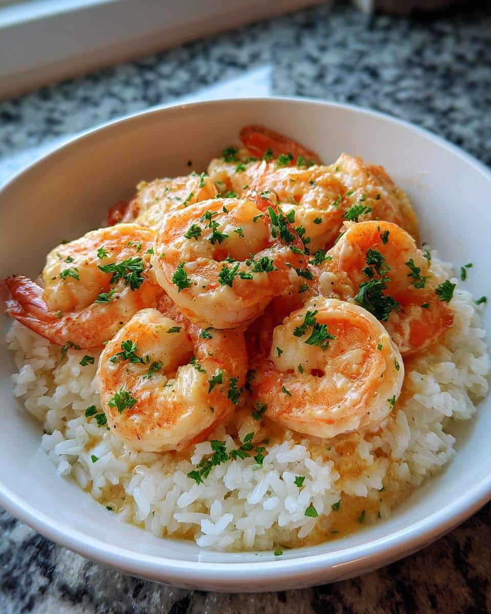 A close-up of a white bowl filled with fluffy white rice topped with Creamy Garlic Butter Shrimp and fresh parsley.