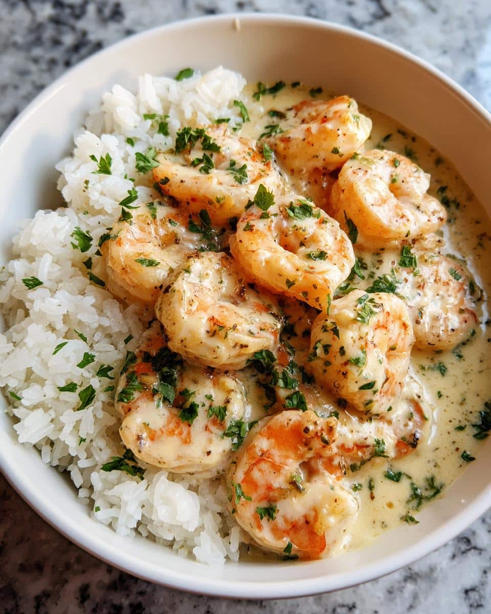 Close-up of a bowl filled with Creamy Garlic Butter Shrimp and white rice, garnished with fresh parsley.