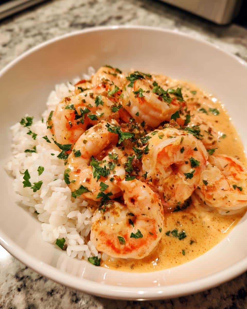 A close-up of a white bowl filled with Creamy Garlic Butter Shrimp and white rice, garnished with fresh parsley.