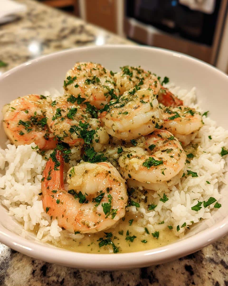 Close-up of a bowl of Creamy Garlic Butter Shrimp A Weeknight Rice Bowl in One Pan, topped with fresh parsley.