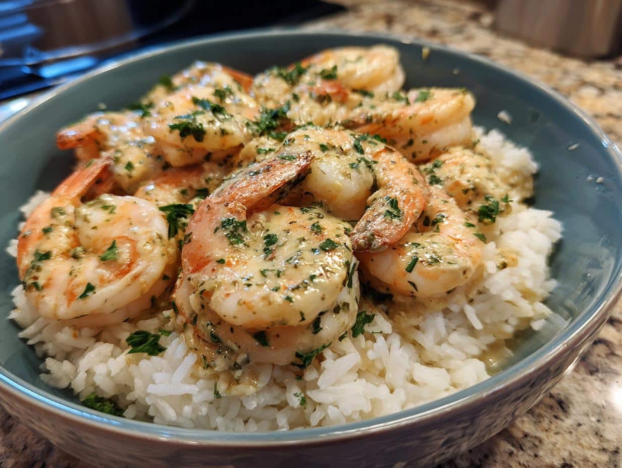 A close-up of a blue bowl filled with white rice and topped generously with Creamy Garlic Butter Shrimp, garnished with fresh parsley.