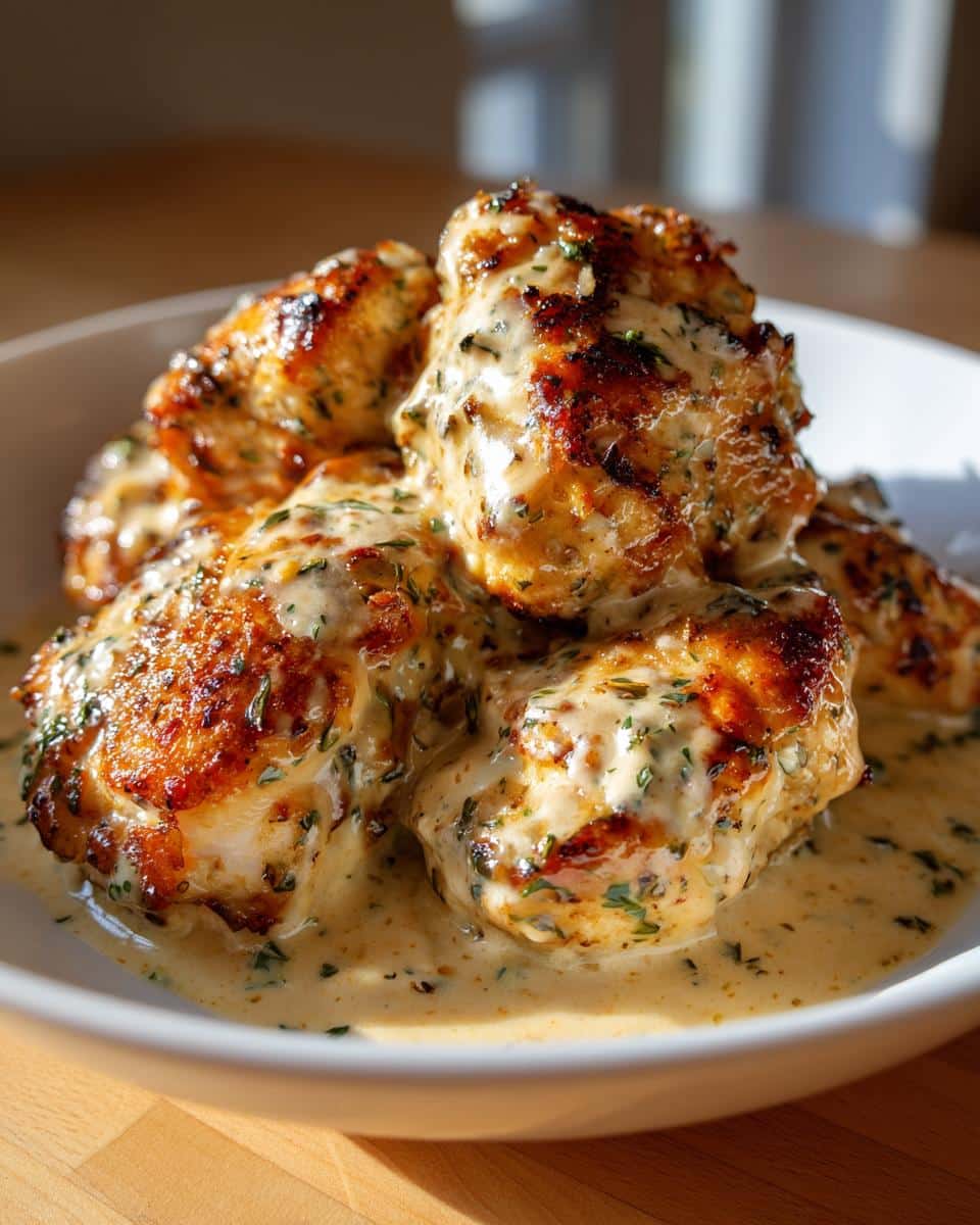 Close-up of golden-brown Creamy Garlic Parmesan Chicken Breast pieces in a white bowl, covered in a rich, herby sauce.