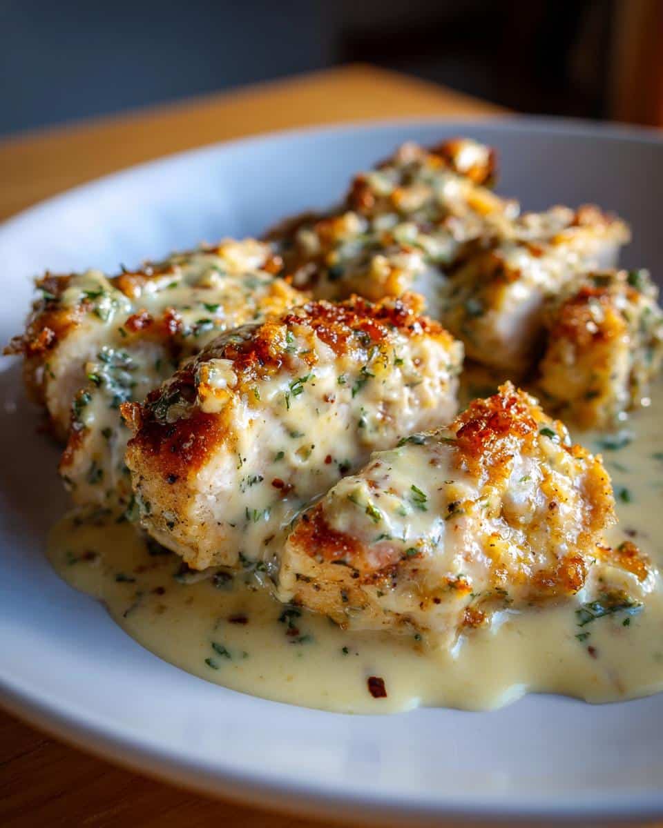 Close-up of golden-brown Creamy Garlic Parmesan Chicken Breast pieces in a rich, herby sauce on a white plate.