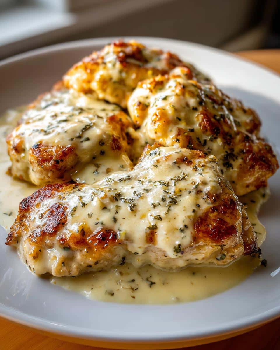 Close-up of golden-brown Creamy Garlic Parmesan Chicken Breast covered in a rich, creamy sauce and herbs on a white plate.