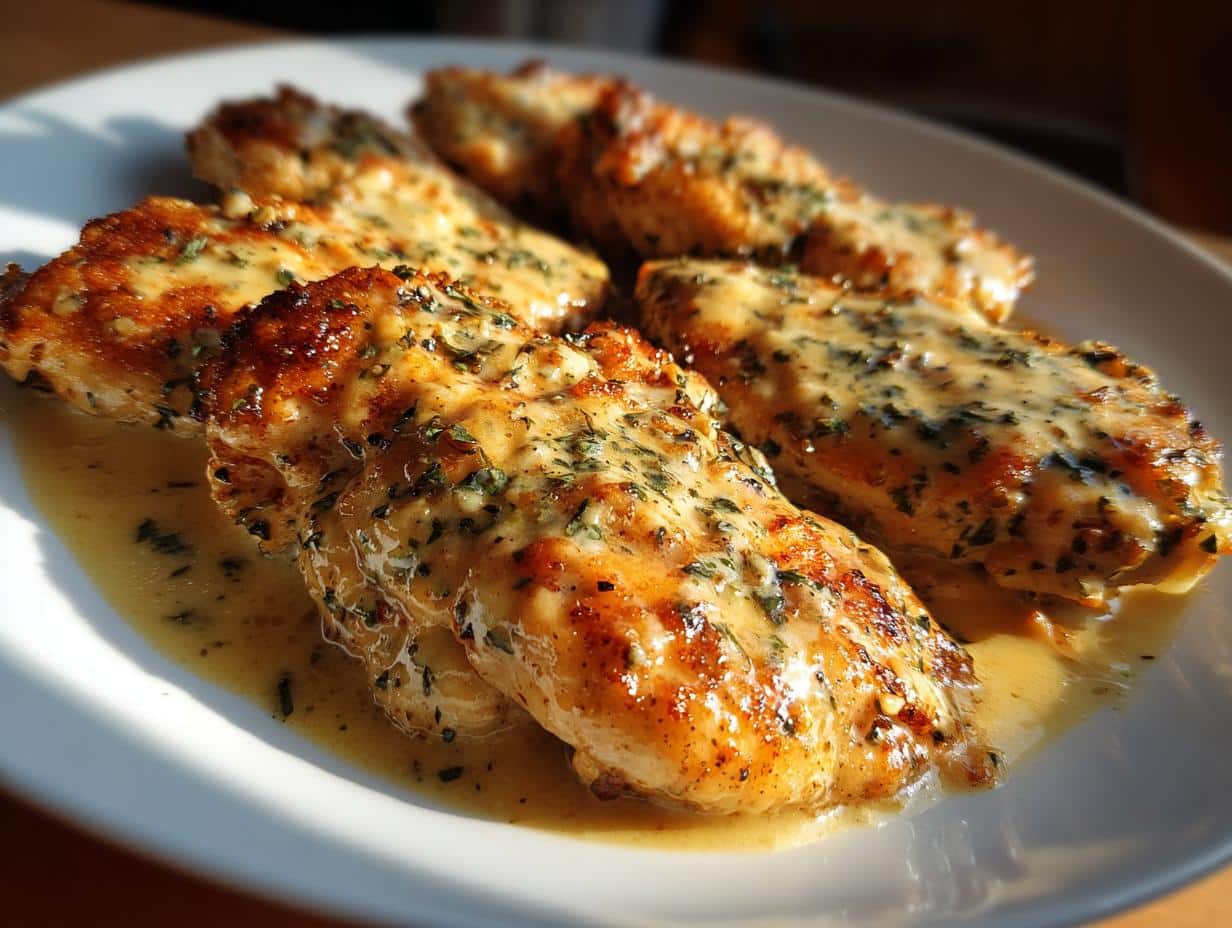Close-up of golden brown Creamy Garlic Parmesan Chicken Breast on a white plate, glistening with sauce and herbs.