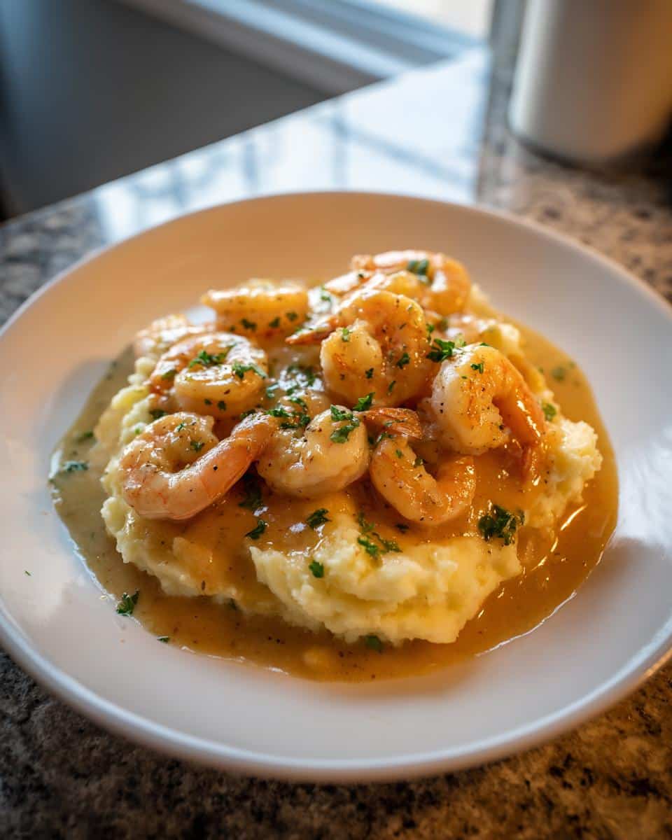 35-Minute Creamy Garlic Shrimp Over Mashed Potatoes Recipe 3 A close-up of a plate of Creamy Garlic Shrimp Over Mashed Potatoes, garnished with fresh parsley.