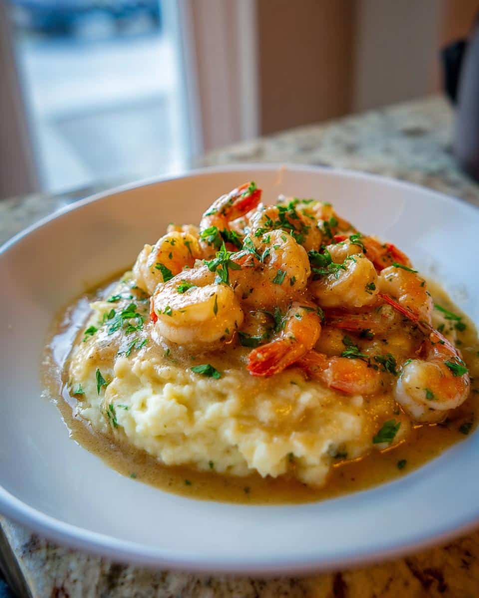 35-Minute Creamy Garlic Shrimp Over Mashed Potatoes Recipe 5 A close-up shot of a white bowl filled with Creamy Garlic Shrimp Over Mashed Potatoes, garnished with fresh parsley.