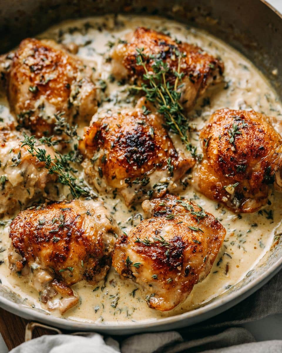 Close-up of a skillet filled with golden-brown Creamy Genius Chicken Thighs in a rich, herbed cream sauce, garnished with fresh thyme.