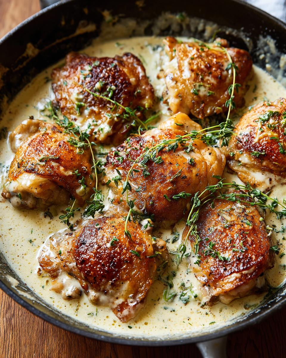 Close-up of a cast iron skillet filled with golden-brown Creamy Genius Chicken Thighs in a rich sauce, garnished with fresh thyme.