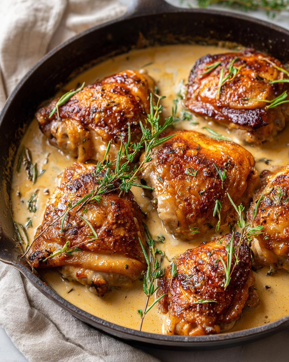 Close-up of Creamy Genius Chicken Thighs in a cast iron skillet, garnished with fresh rosemary and thyme.