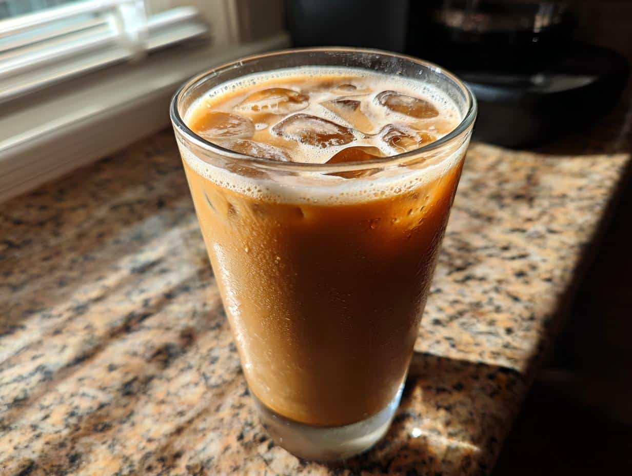 A tall glass of creamy iced coffee with ice cubes and a foamy top, sitting on a speckled countertop in sunlight.
