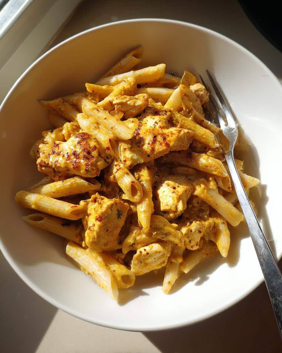 A close-up of a white bowl filled with Creamy Italian Chicken Pasta, featuring penne, chicken pieces, and a rich sauce.