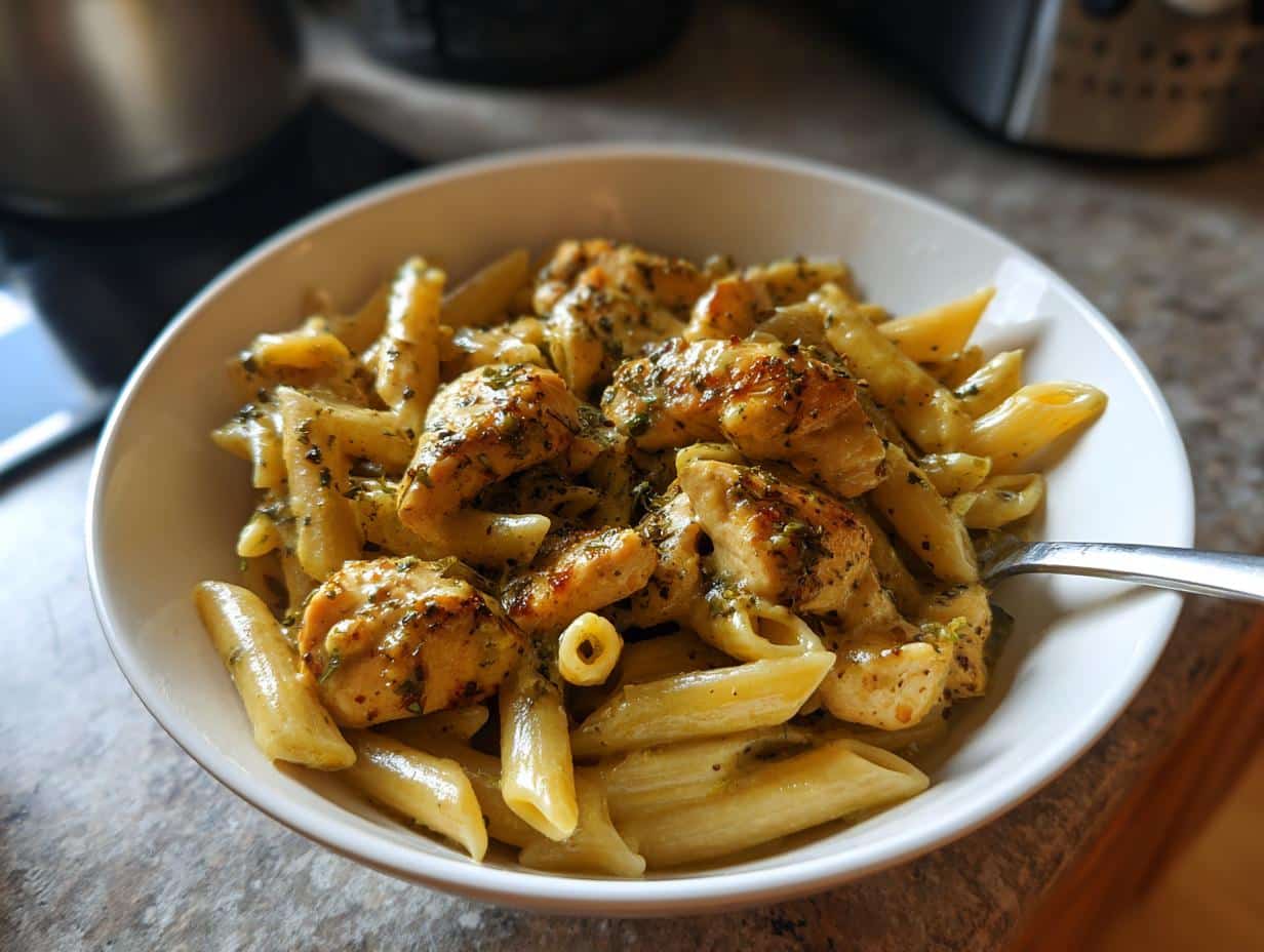 A close-up of a bowl filled with Creamy Italian Chicken Pasta, featuring penne pasta, chicken pieces, and a creamy sauce.